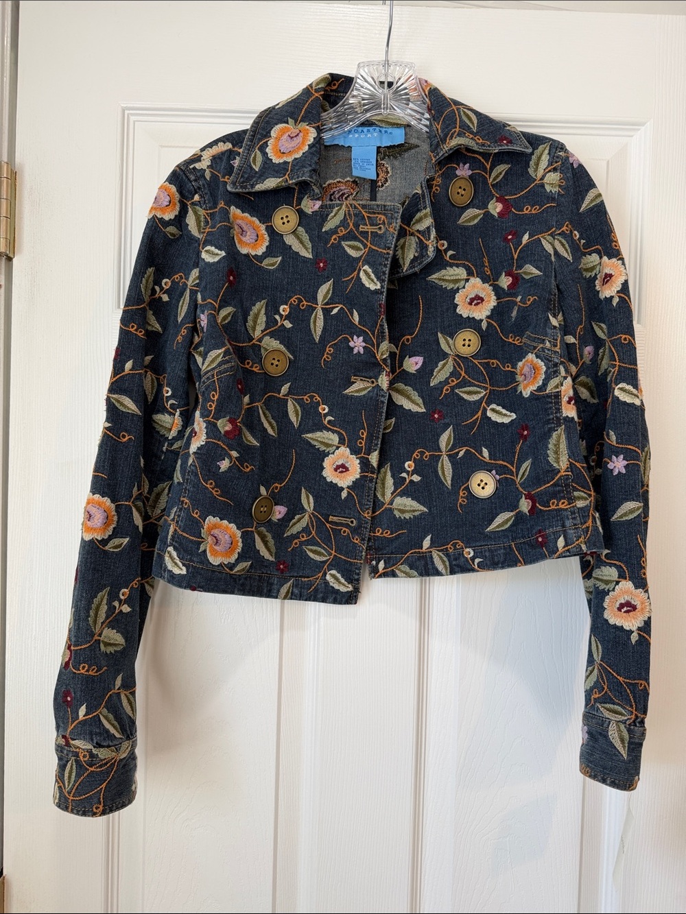 Doncaster Navy Floral Embroidered Cropped Jean Jacket
